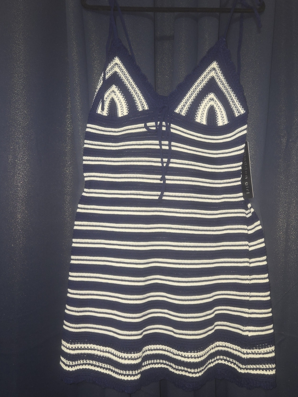 Madden Girl Navy and White Striped Crochet Midi Dress